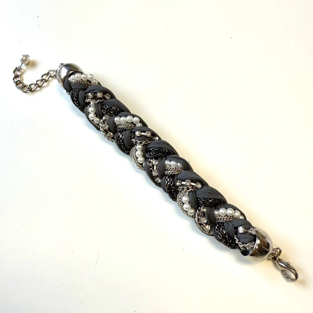 Handmade Gray Fabric Braided Statement Bracelet w/ Pearls & Chains